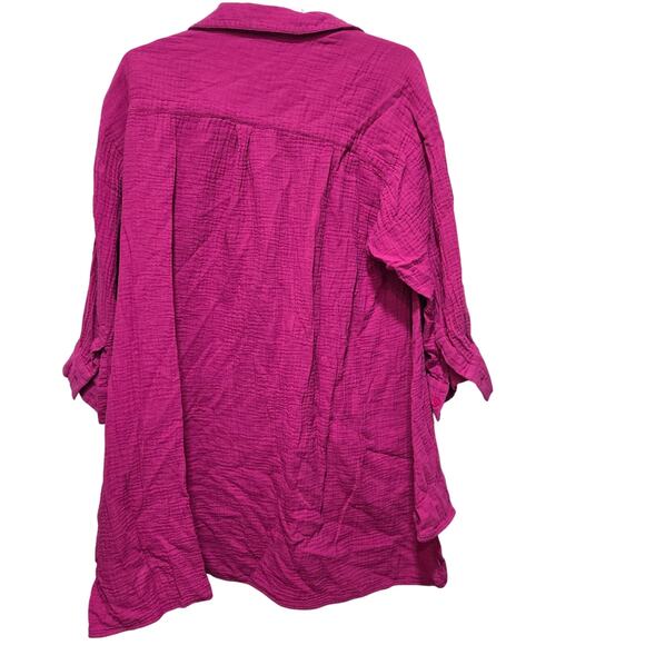 Leota 2X Hot Pink 100% Cotton Button Up Tunic Shirt Roll Tab Sleeve - Picture 2 of 8